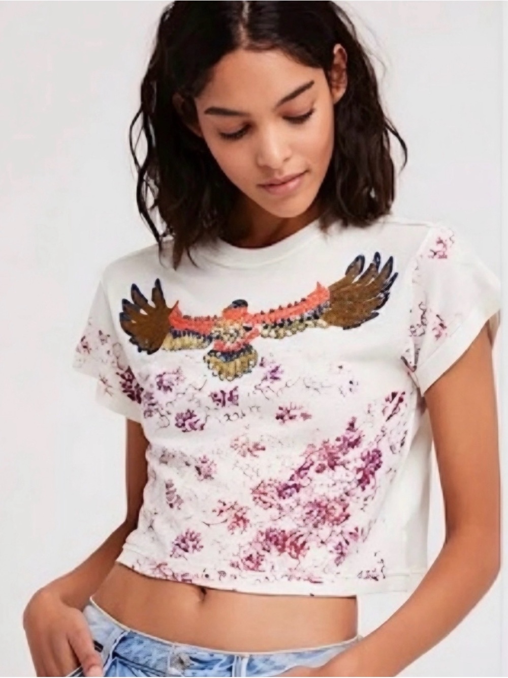 NWT We The Free Top Navigator Eagle Sequins Beaded Crop Ivory Distressed